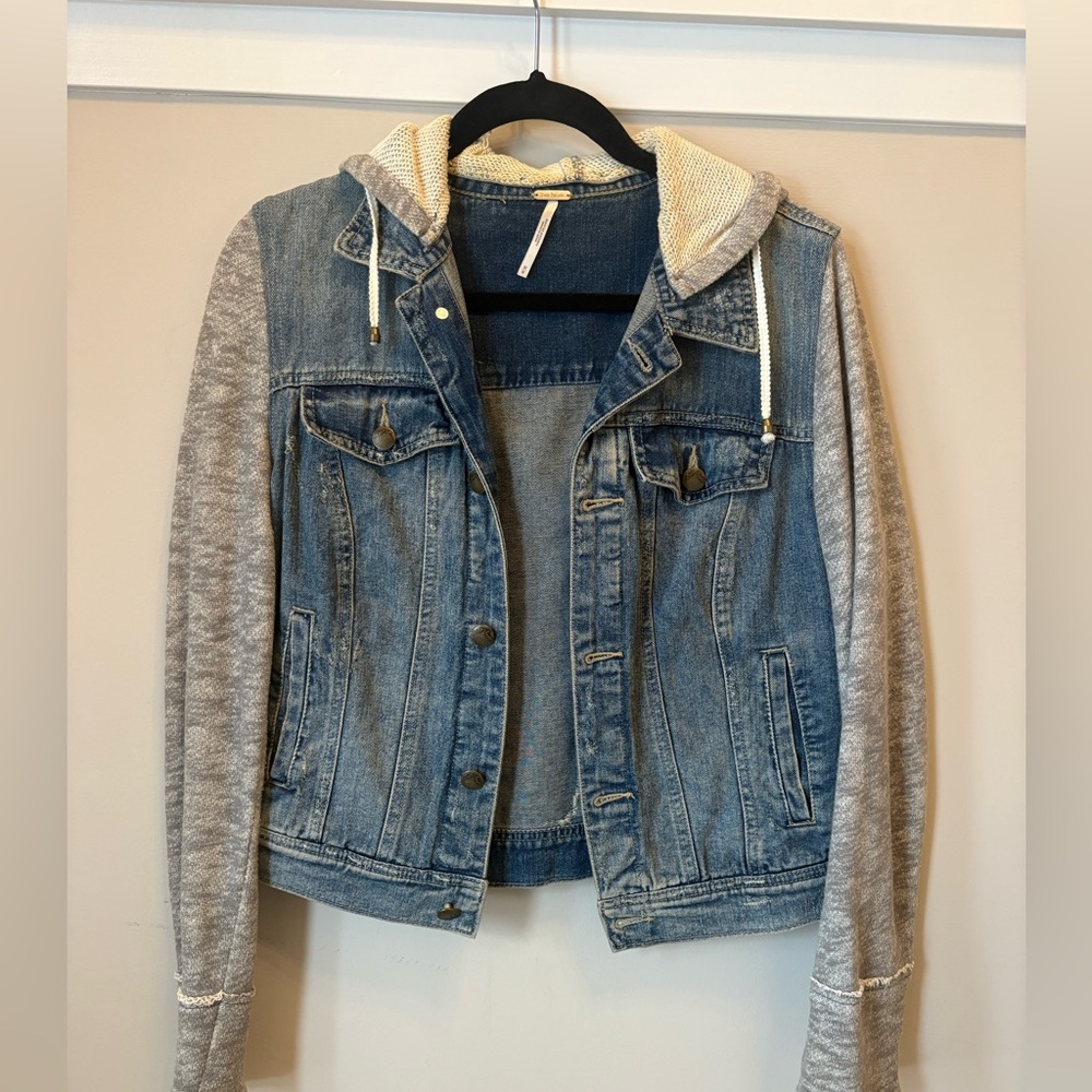 Free People Blue Jean Jacket with Gray Sleeves